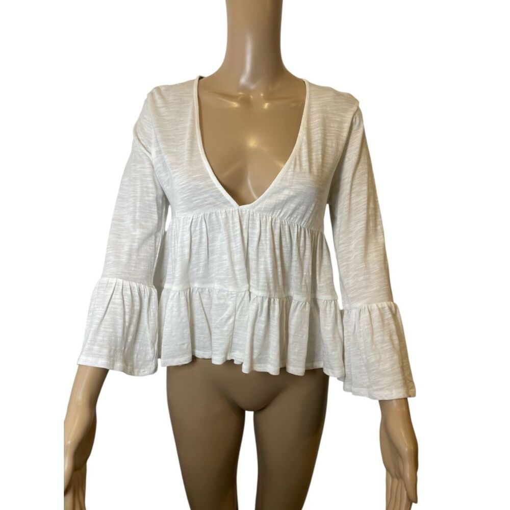 Forever 21 White V-Neck Peplum Bell Sleeve Top